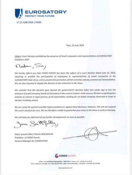 France Removes Ban on Israeli Companies Participating in EUROSATORY, Ban on Individuals Still In Place