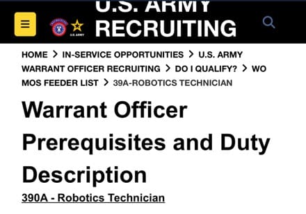 US Army Opens Recruiting for Robotics Warrant Officer MOS